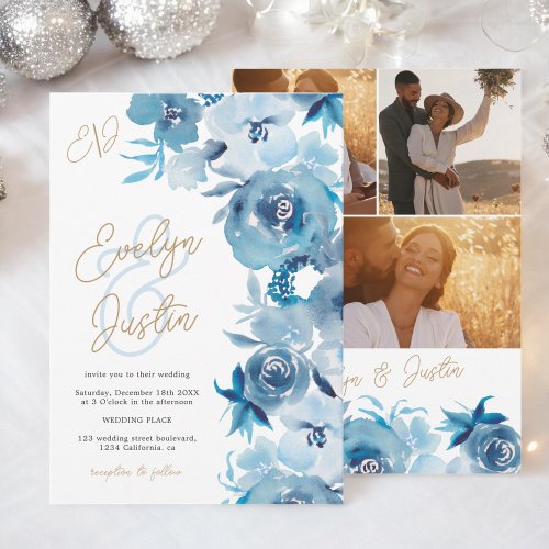 Romantic Elegant blue Floral Watercolor Wedding Invitation