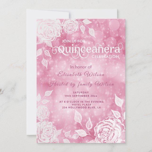 Romantic elegant bokeh White roses  Quinceañera  Invitation (Front)