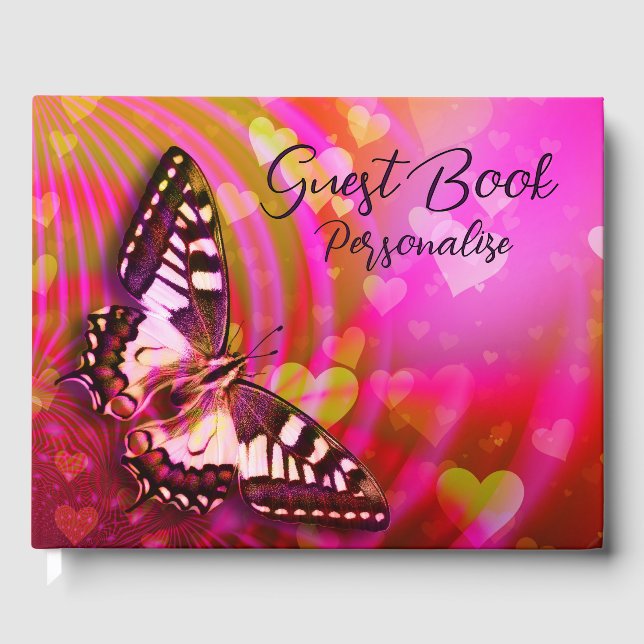 Romantic Elegant Butterfly & Hearts Personalized Guest Book (Front)