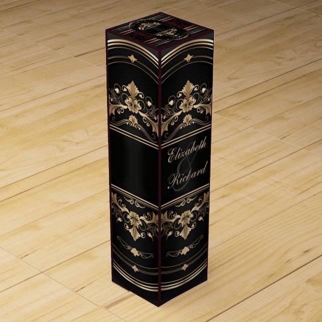 Romantic Elegant Calligraphy Burgundy Damask  Wine Box (Front)