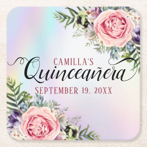 Romantic Elegant Charming Floral Quinceaera Square Paper Coaster