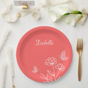 Romantic elegant coral pink floral paper plates