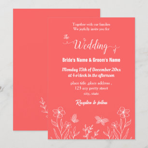 Romantic elegant coral pink floral wedding invitation