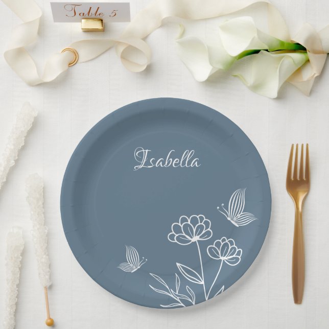 Romantic elegant dusty blue floral  paper plates (Wedding)