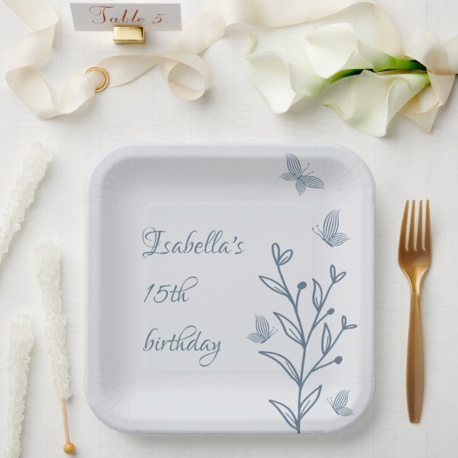 Romantic elegant dusty blue floral  paper plates (Wedding)