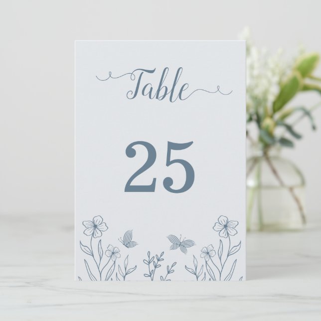 Romantic elegant dusty blue floral table number (Standing Front)