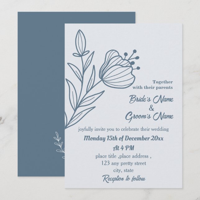 Romantic elegant dusty blue floral wedding invitation (Front/Back)