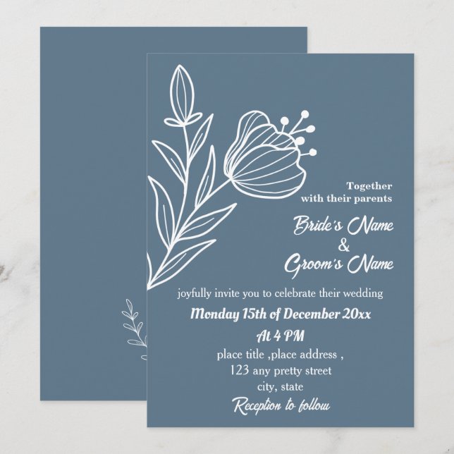 Romantic elegant dusty blue floral wedding invitation (Front/Back)