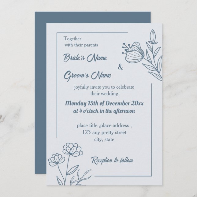 Romantic elegant dusty blue floral wedding invitation (Front/Back)