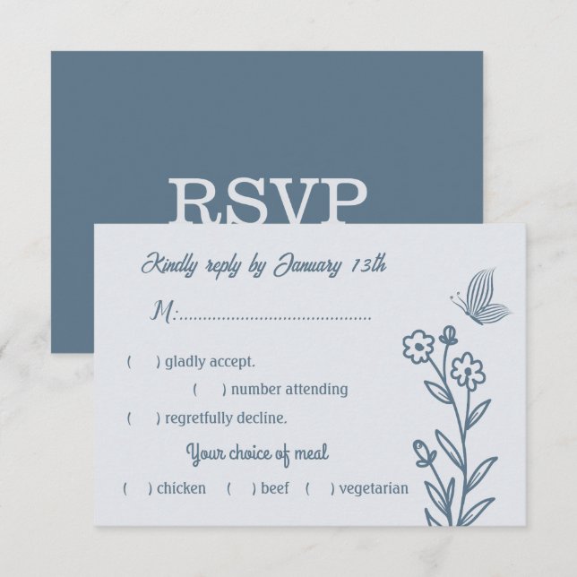 Romantic elegant dusty blue floral wedding RSVP card (Front/Back)
