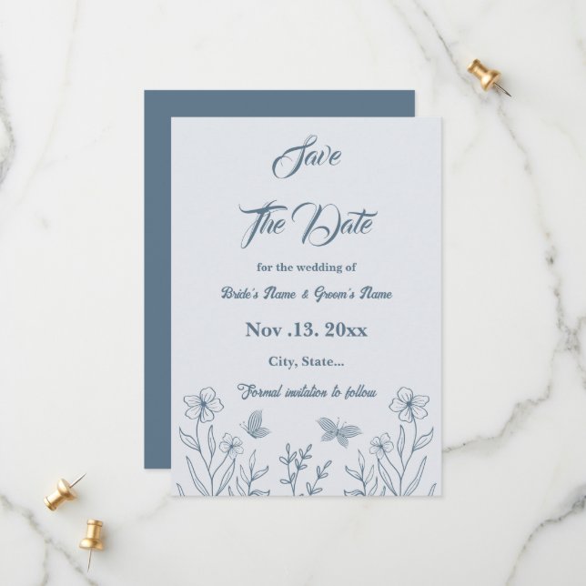 Romantic elegant dusty blue floral wedding save the date (Front/Back In Situ)
