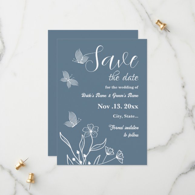 Romantic elegant dusty blue floral wedding save the date (Front/Back In Situ)