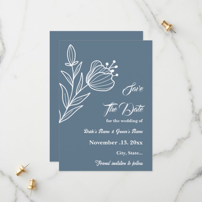 Romantic elegant dusty blue floral wedding save the date (Front/Back In Situ)