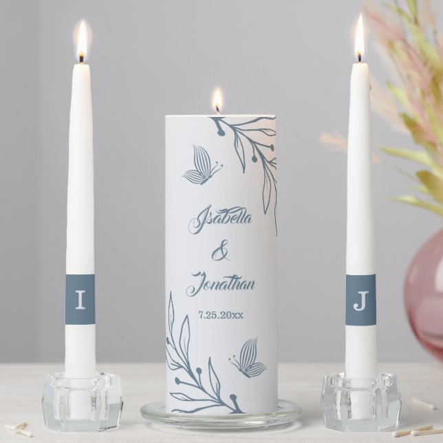 Romantic elegant dusty blue floral wedding unity candle set (In Situ)
