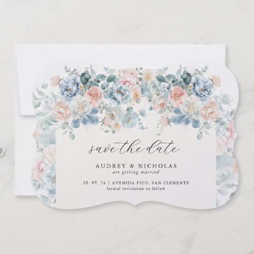 Romantic Elegant Dusty Blue Peach Florals Wedding Save The Date
