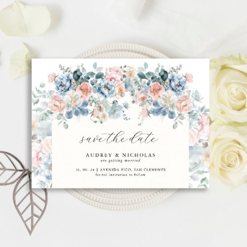 Romantic Elegant Dusty Blue Peach Florals Wedding Save The Date