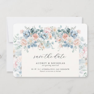 Romantic Elegant Dusty Blue Peach Florals Wedding Save The Date