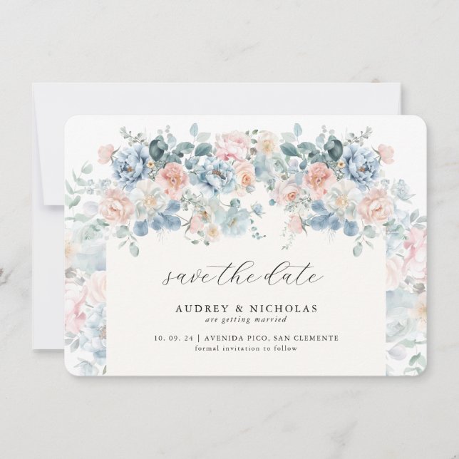 Romantic Elegant Dusty Blue Peach Florals Wedding Save The Date (Front)