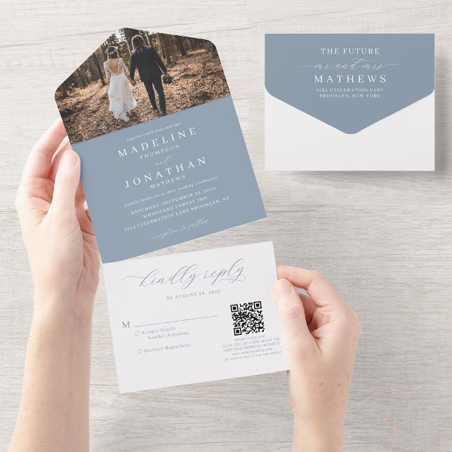 Romantic Elegant Dusty Blue Photo QR Code Wedding All In One Invitation (Creator Uploaded)