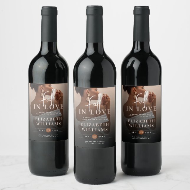 Romantic Elegant Fall In Love Photo Bridal Shower  Wine Label (Bottles)
