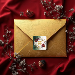 Romantic Elegant Floral Chinese Double Happiness Square Sticker