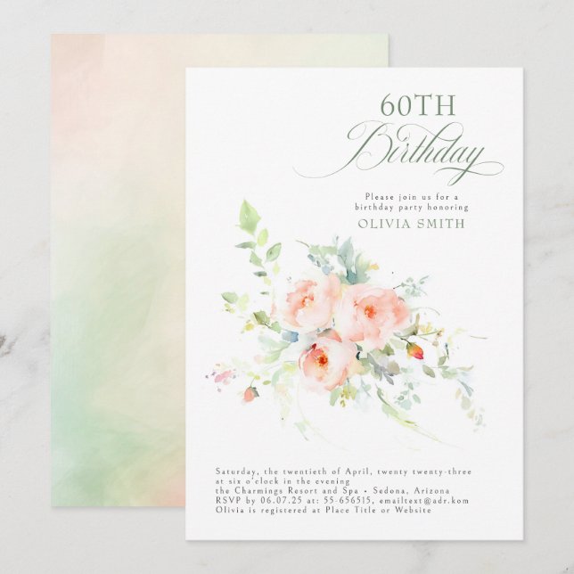 Romantic Elegant Floral Pink Birthday Party Invitation (Front/Back)