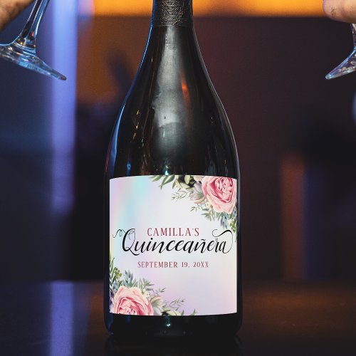 Romantic Elegant Floral Quinceaera Sparkling Wine Label