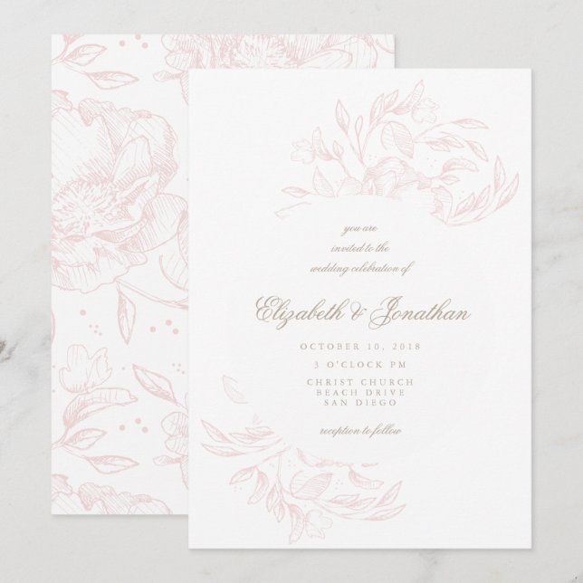 Romantic Elegant Floral Sketch Wedding Invitation (Front/Back)