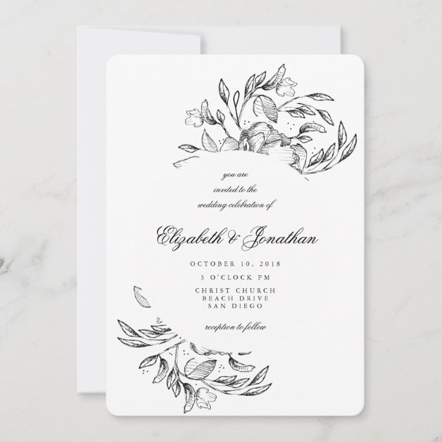 Romantic Elegant Floral Sketch Wedding Invitation (Front)