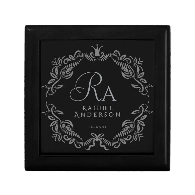 Romantic Elegant Foliage Monogram Black Gift Box (Front)