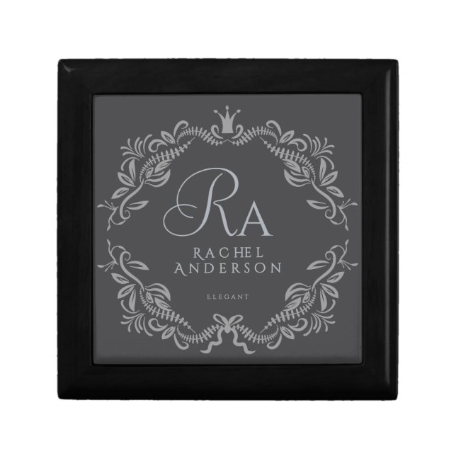 Romantic Elegant Foliage Monogram Grey Gift Box (Front)