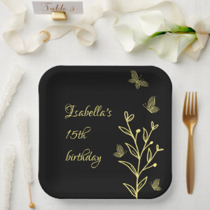 Romantic elegant gold floral black paper plates