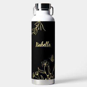 Romantic elegant gold floral black water bottle