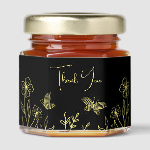 Romantic elegant gold floral black wedding honey jar favors