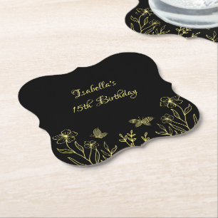Romantic elegant gold floral black wedding paper coaster