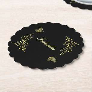 Romantic elegant gold floral black wedding paper coaster