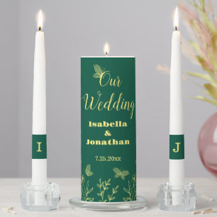 Romantic elegant gold floral emerald wedding unity candle set