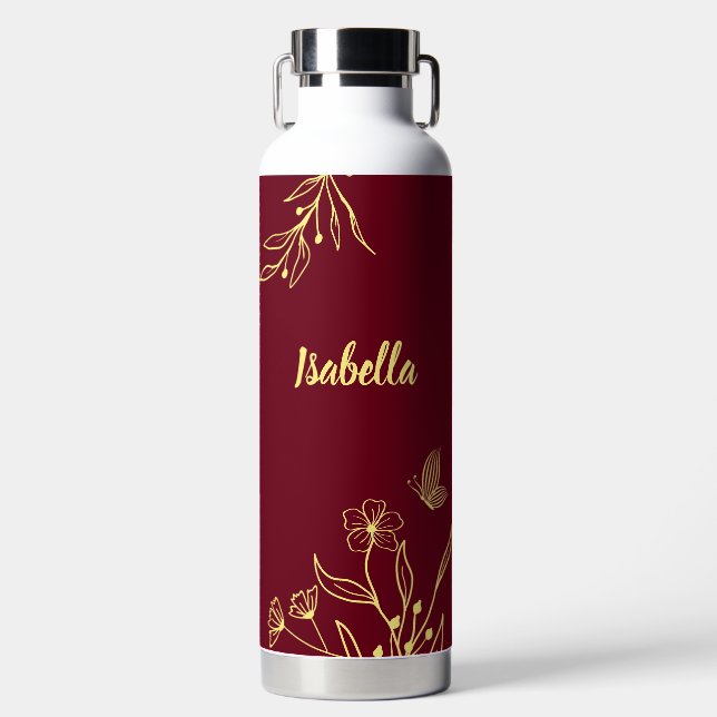 Romantic elegant gold floral maroon  water bottle (Front)