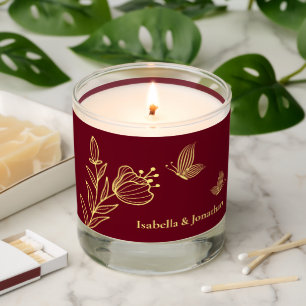 Romantic elegant gold floral maroon wedding scented candle