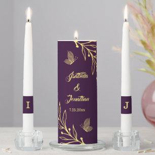 Romantic elegant gold floral purple wedding unity candle set