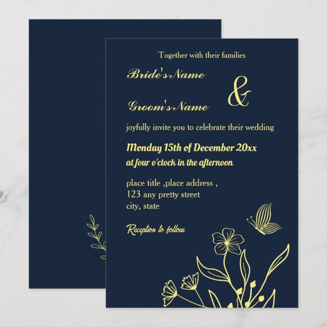Romantic elegant gold flower & a butterfly navy invitation (Front/Back)