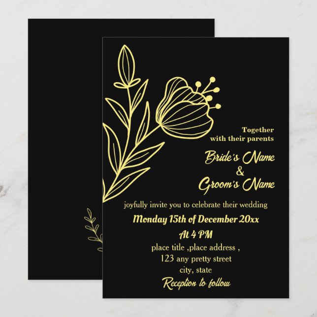 Romantic elegant gold flower black invitation (Front/Back)