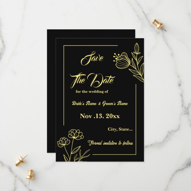 Romantic elegant gold flower black wedding save the date (Front/Back In Situ)