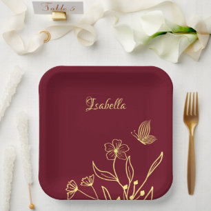 Romantic elegant gold flower burgundy paper plates