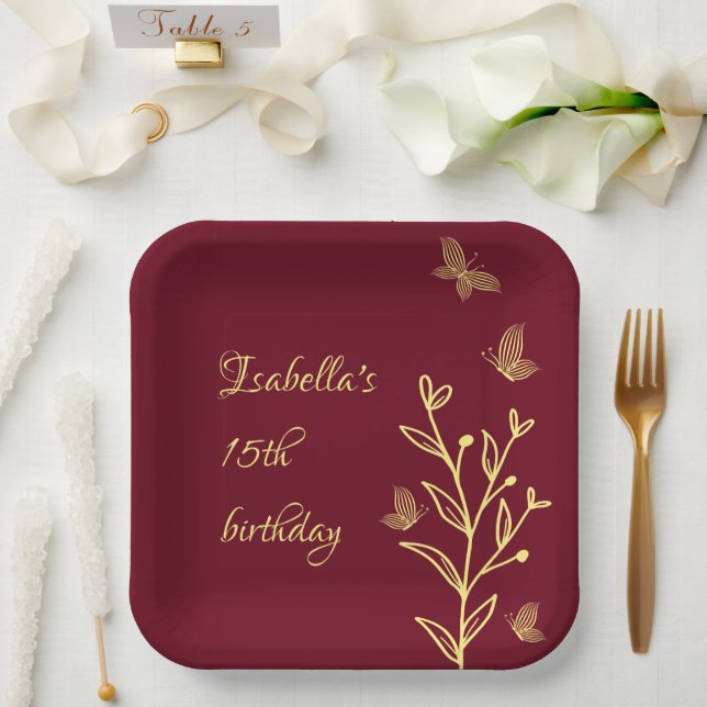 Romantic elegant gold flower burgundy paper plates (Wedding)
