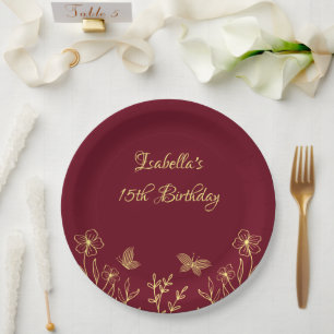 Romantic elegant gold flower burgundy paper plates