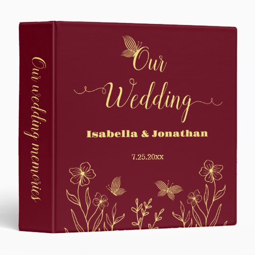 Romantic elegant gold flower burgundy photo album
