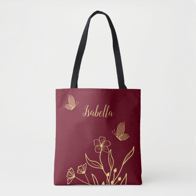 Romantic elegant gold flower burgundy tote bag (Front)