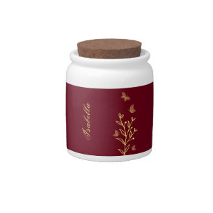 Romantic elegant gold flower burgundy wedding candy jar