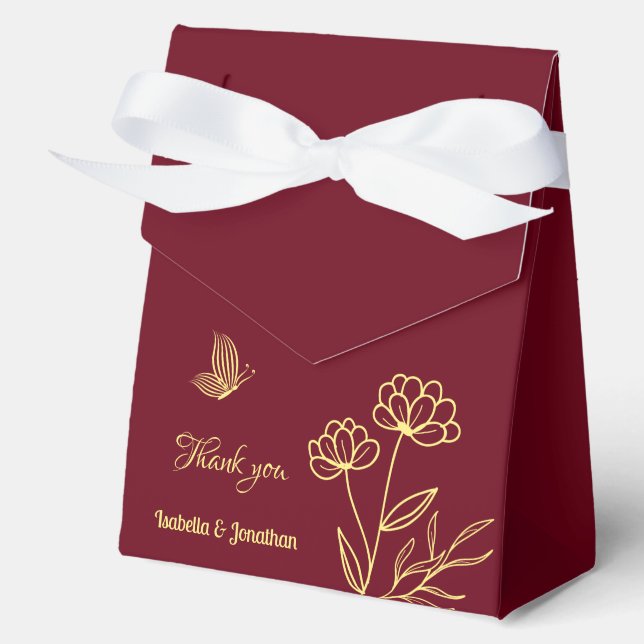Romantic elegant gold flower burgundy wedding favor boxes (Front)